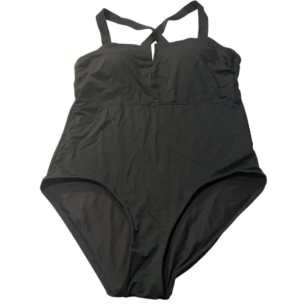 Athleta Solid Black Square Neck Underwire One Piece Swimsuit Women's Size 36B/C